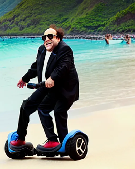 Image similar to Danny Devito as Gob in Arrested Development, riding on a Segway on the beach