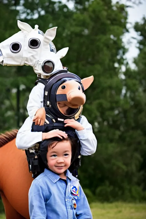 Image similar to a child in a horse mask sits on the shoulders of an astronaut