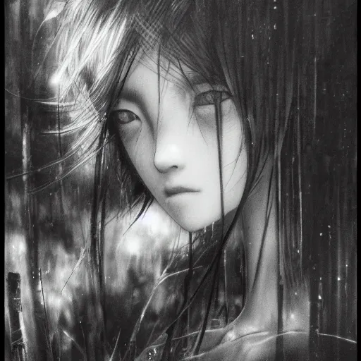 Image similar to a portrait of a character in a scenic environment by Yoshitaka Amano, black and white, dreamy, dark eyes