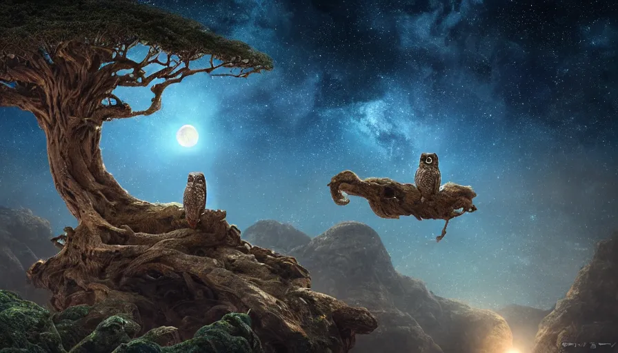 Image similar to very very small owl, sitting on a gigantic dragon tree in moonlit socotra island by ilya kuvshinov, starry night, rtx rendering, octane render 1 2 8 k, maya, extreme high intricate details by tom bagshaw, medium shot, close up shot, composition by sana takeda, lighting by greg rutkowski