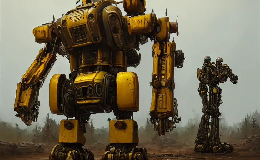 Image similar to an intricate oil painting of a giant armored plated metal mecha by simon stalenhag, rust, yellow and black trim, trending on artstation