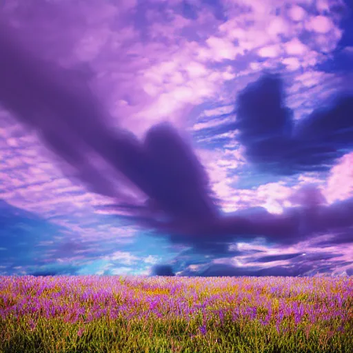 Image similar to photo of a desk on a purple field blue clouds