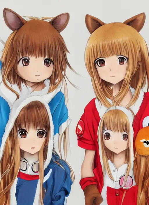 Image similar to highly detailed portrait of one blonde and one brown haired anime girl in animal themed onesies pressed against each other looking at us, detailed eyes, happy, excited, digital art, cute, anime, detailed faces, well drawn faces, cute faces, hand drawn, 8 k, trending on artstation, detailed eyes, official media, by hayao miyazaki