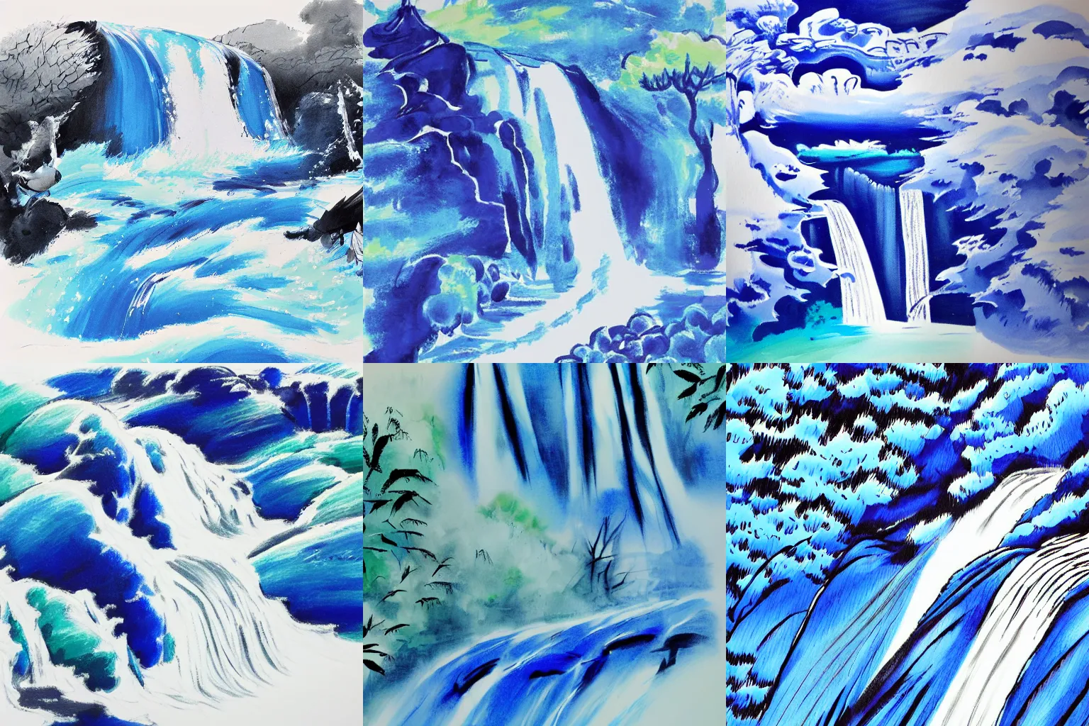 Prompt: an endless waterfall, blue colour splash, painted with a thin brush, detailed sumi-e illustration