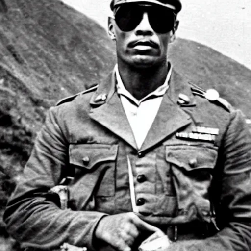 Prompt: the rock dwayn johnson Soldier , Historical photo in ww2