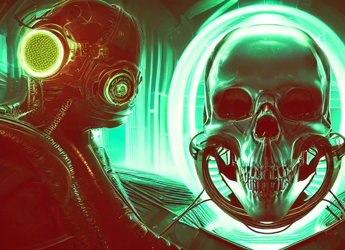 Image similar to a futuristic skull with glowing eyes and a wormhole tunnel, cyberpunk art by android jones, behance contest winner, computer art, darksynth, synthwave, rendered in cinema 4 d