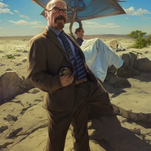 Prompt: saul goodman and walter white, fantasy character portrait, dynamic pose, above view, sunny day, very coherent asymmetrical artwork, sharp edges, perfect face, simple form, 1 0 0 mm by stanley artgerm lau, greg rutkowski, thomas kindkade, alphonse mucha, loish