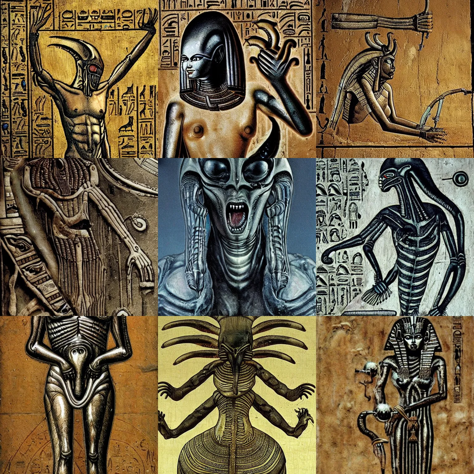 Image similar to ancient egyptian art of [ xenomorph ] [ giger ] [ alien ] from movie aliens