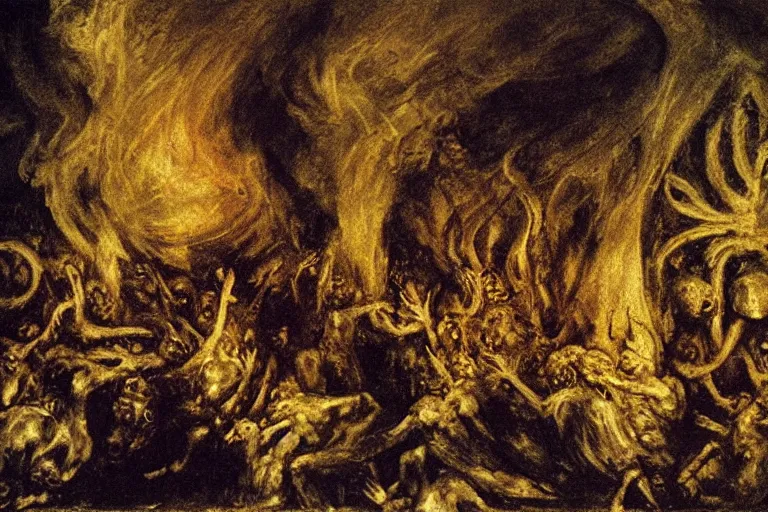 Image similar to pipe organ in hell, detailed baroque oil painting, dark, disturbing by goya and alan lee, smoke, hell on earth