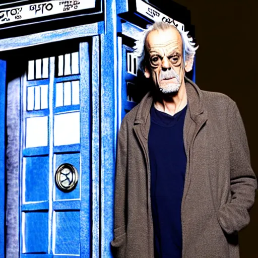 Prompt: christopher lloyd as doctor who in front of tardis, directed by christopher nolan