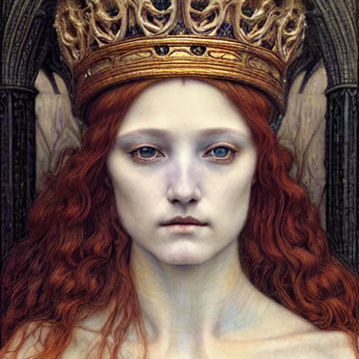 Image similar to detailed realistic beautiful young medieval queen face portrait by jean delville and marco mazzoni, art nouveau, symbolist, visionary, gothic, pre - raphaelite