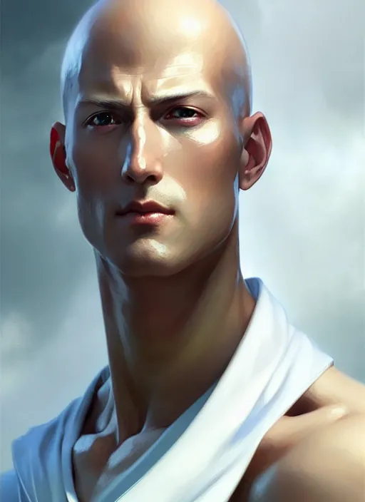 Image similar to ultra realistic illustration, handsome saitama. white cape, intricate, elegant, highly detailed, digital painting, artstation, concept art, smooth, sharp focus, illustration, art by artgerm and greg rutkowski and alphonse mucha and wlop