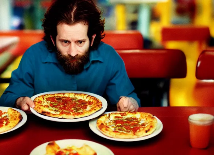 Prompt: cinematic detailed portrait of bearded charlie kaufman eating pizza at chuck - e - cheese, dramatic top down lighting, moody film still from being john malkovich ( 2 0 0 1 ), 3 5 mm kodak color stock, 2 4 mm lens, directed by spike jonze, ecktochrome
