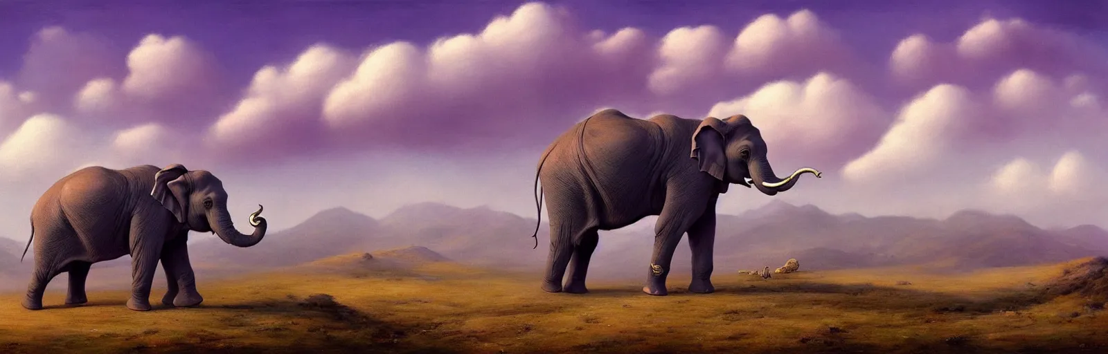 Prompt: A purple elephant standing in a field of clouds, mountains in the background, illustration, detailed, smooth, soft, warm, by Adolf Lachman, Shaun Tan, Surrealism