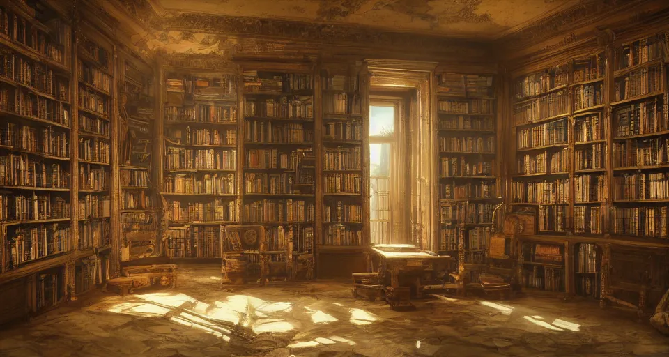 Prompt: magepunk book library interior by eugene von guerard, ivan shishkin, dramatic lighting, concept art, trending on artstation