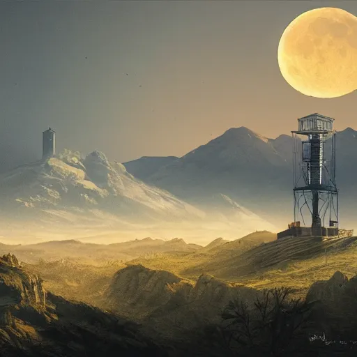 Image similar to Mountain covered with mist and radio tower on top of it, yellow moon directly behind. highly detailed art of Greg Rutkowski, night setting, 4k artsrstion trending