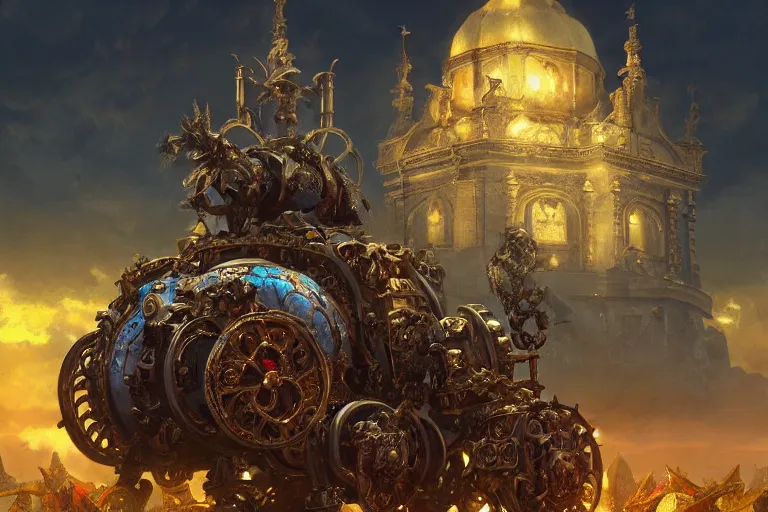 Image similar to a mobile driving ornate baroque church mounted on chain drive, warhammer 4 0, scene in an open field. key visual, conceptart, ambient lighting, highly detailed, digital painting, artstation, concept art, sharp focus, by makoto shinkai and akihiko yoshida and kris kuksi