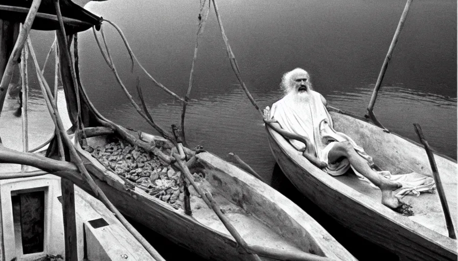 Prompt: 1 9 6 0 s movie still by tarkovsky of an elder socrates wearing dark drapery in a barque on a neoclassical waterway, cinestill 8 0 0 t 3 5 mm b & w, high quality, heavy grain, high detail, panoramic, ultra wide lens, cinematic composition, dramatic light, anamorphic, piranesi style