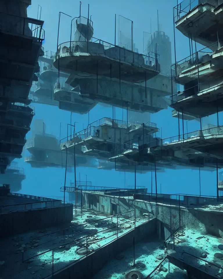 Image similar to an abandoned underwater Barcelona city, post-apocalyptic, metaphysical painting, cgsociety, rendered in unreal engine