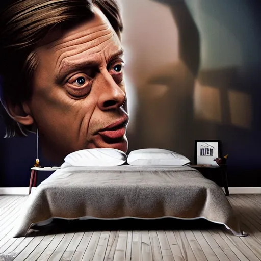 Prompt: a cozy bedroom interior with wall murals of steve buscemi, detailed, high resolution, wow!, intricate, volumetric lighting, raytracing