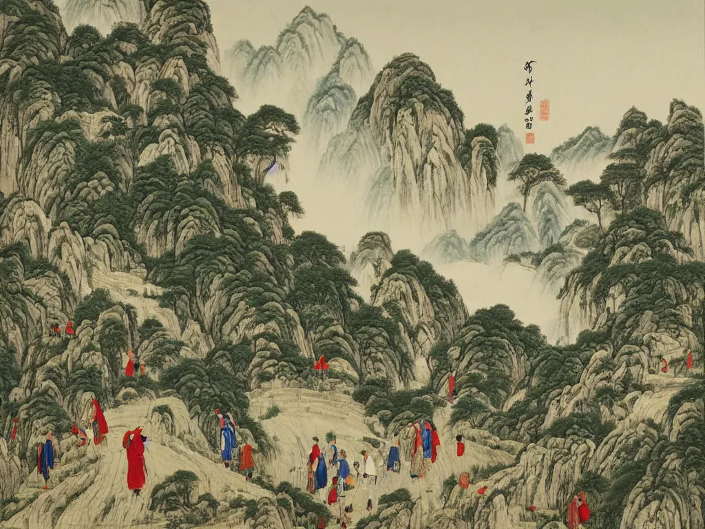 Prompt: landscape painting by huang gongwang, mountains, karst, waterfalls, peasants working, temples, monks roaming, farm animals, ox, long stairs through the hills, ponds