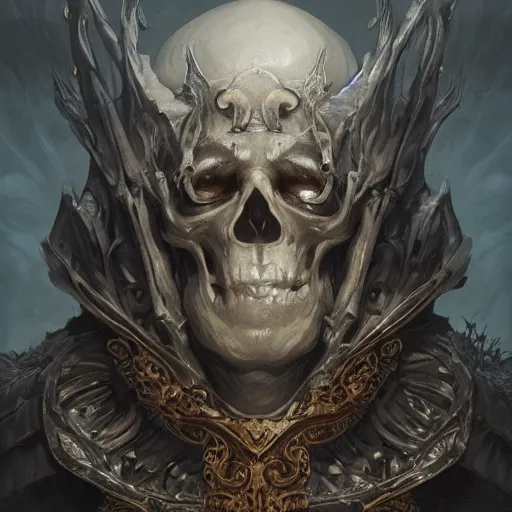 Image similar to portrait of a powerful lich, skeleton, fantasy, intricate, elegant, highly detailed, digital painting, artstation, concept art, matte, sharp focus, illustration, art by aenaluck and roberto ferri and greg rutkowski, epic fantasy, digital painting