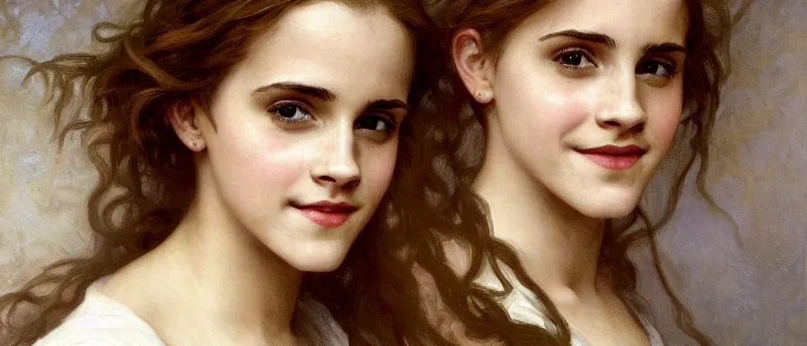 Image similar to Painting of Emma Watson as Hermione Granger. Smiling. Happy. Cheerful. Art by william adolphe bouguereau. Extremely detailed. Beautiful. 4K. Award winning.
