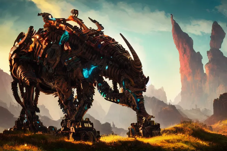 Image similar to grimhorn fanghorn machine mecanical creature robot of horizon forbidden west horizon zero dawn bioluminiscence global illumination ray tracing hdr fanart arstation by ian pesty and alena aenami artworks in 4 k