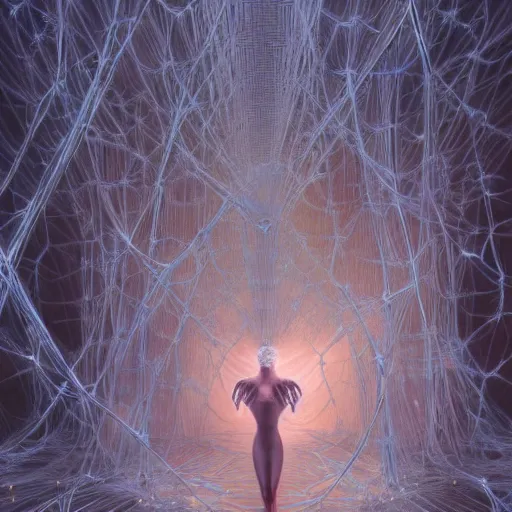 Image similar to Woman, spiky tesseract-shaped ice crystals on skin, 150mm, shiny, flat background, glowing, wires everywhere, by Edgar Maxence and Ross Tran, Zdzisław Beksiński, and Michael Whelan, distant, gustav dore, H.R. Giger, 8k, octane render