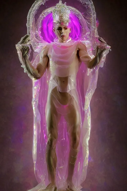 Image similar to full-body rococo and cyberpunk delicate neon crystalline sculpture of (((muscular slender Nick Jonas))) as an iridescent humanoid deity wearing a thin see-through ((plastic hooded cloak)) sim roupa (holding a human skull), reclining con (las piernas abiertas), glowing pink face, crown of (((white lasers))), large diamonds, swirling black silk fabric. futuristic elements. oozing glowing liquid, full-length view. space robots. intricate artwork by caravaggio. Trending on artstation, octane render, cinematic lighting from the right, hyper realism, octane render, 8k, depth of field, 3D