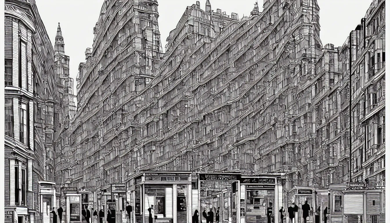 Image similar to london street by dan mumford and peter doig and edward hopper, symmetrical, minimal, black ink, thick lines highly detailed, muted colours 8 k