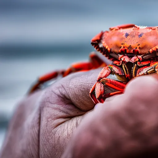 Prompt: crab biting the finger of an old man, canon eos r 3, f / 1. 4, iso 2 0 0, 1 / 1 6 0 s, 8 k, raw, unedited, symmetrical balance, wide angle