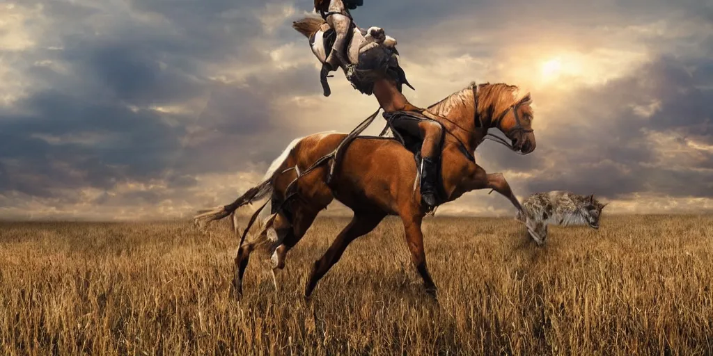 Prompt: cyborg cat rides a horse into the sunset, punished, war, hyperrealistic, sharp focus, award winning photo