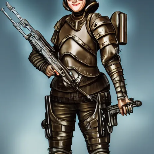 Prompt: female artificer with futuristic rifle, tubes connecting mediaeval half plate armor to rifle, brown hair, smiling, portrait, goggles over forehead, trending on artstation, digital art