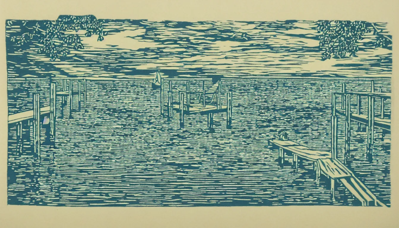 Image similar to sitting at the end of the dock woodblock print