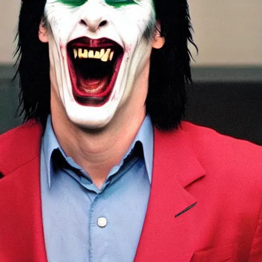 Prompt: funny face pulling competition winning funny face photo of keanu reeves as the joker from batman, pulling the move'derp banshee ', hilarious face pulling competition winner, extreme face contortion