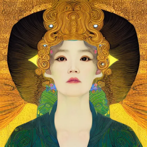 Image similar to a portrait of a very beautiful goddess with halo behind her head, looking in front, in the style of WLOP and Hsiao-Ron Cheng and Gustav Klimt