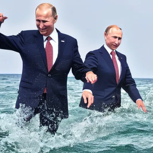 Image similar to biden and putin dancing on the ocean, close up, high quality photograph