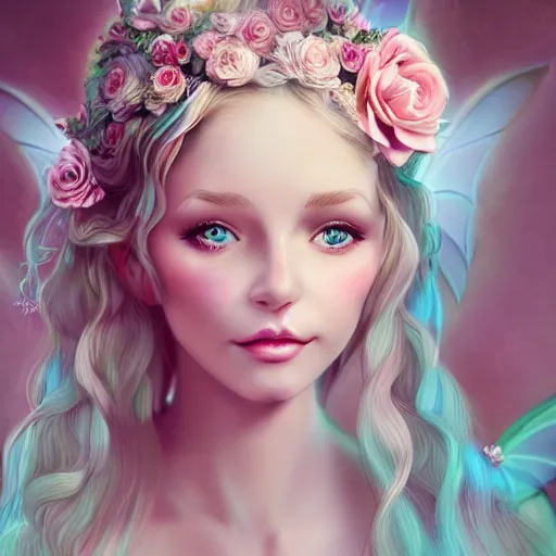 Prompt: a beautiful young girl, pale, turquoise eyes, curly blond, angle face, pointed ears, roses in her hair, realistic, fairy look, long white hyperdetailed dress in pale pink and white, full body floating, cinematic, trending on art station