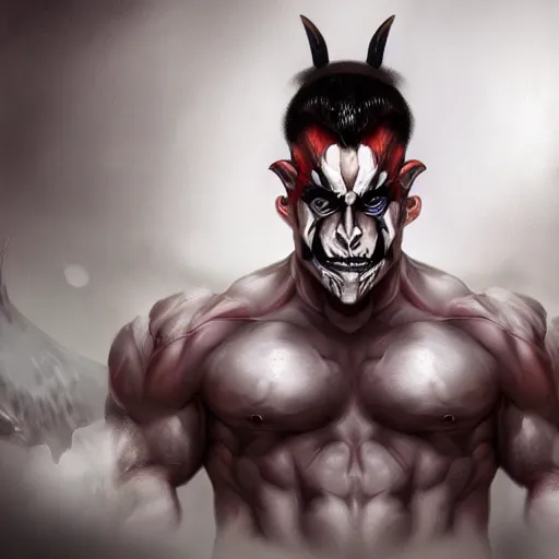 Prompt: muscular demon with white horns, white face, young, careless, focus on face, still, photograph, digital painting, trending on artstation, masterpiece, in the style of JB Casacop