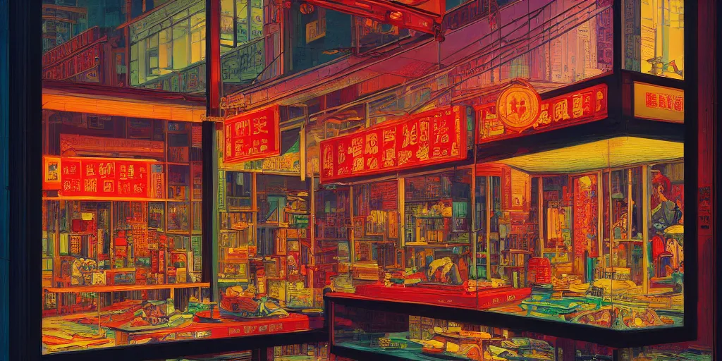 Image similar to s shop window in hong kong, by dan mumford and peter doig and edward hopper, highly detailed, dramatic lighting, 8 k