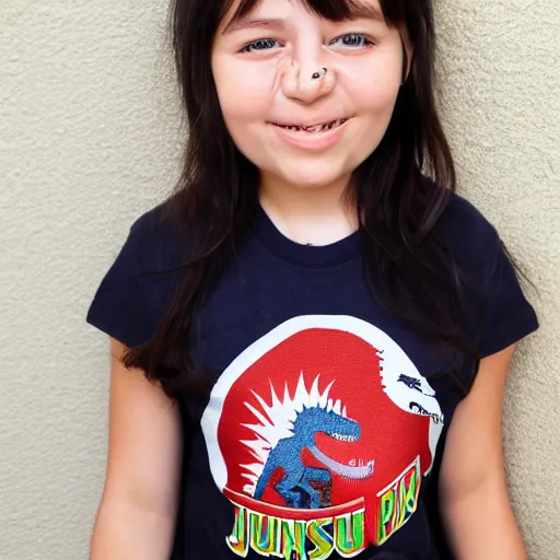 Prompt: photo of cute girl wearing a Jurassic park t shirt