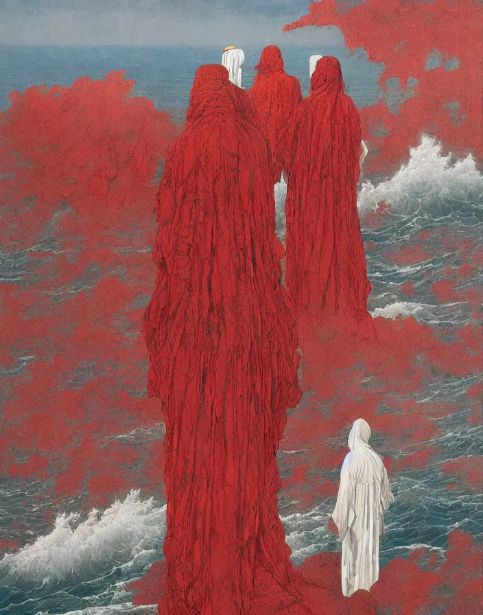 Image similar to worshippers in robes belonging to the cult of the lighthouse standing in waves, a lighthouse, high detailed Beksinski painting, part by Adrian Ghenie and Gerhard Richter. art by Takato Yamamoto. masterpiece, deep colours, red, blue