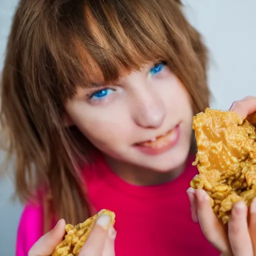 Prompt: russian girl eating diced chicken dipped in peanut butter