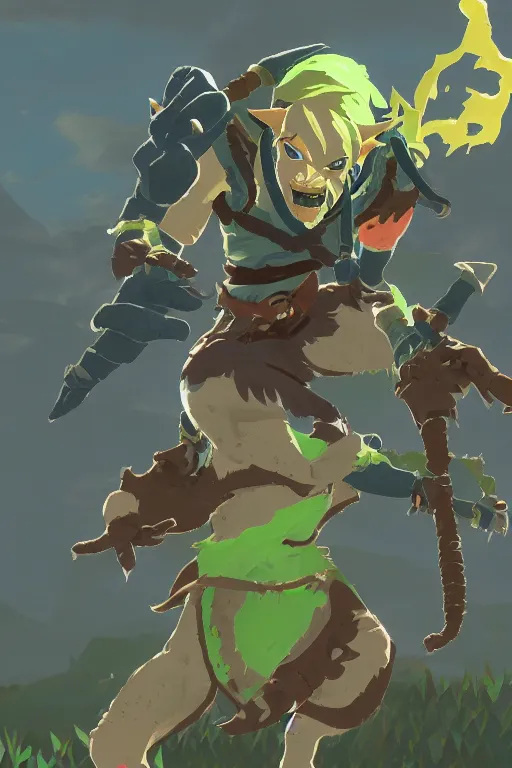 Image similar to an in game portrait of stink the weakling from the legend of zelda breath of the wild, breath of the wild art style.