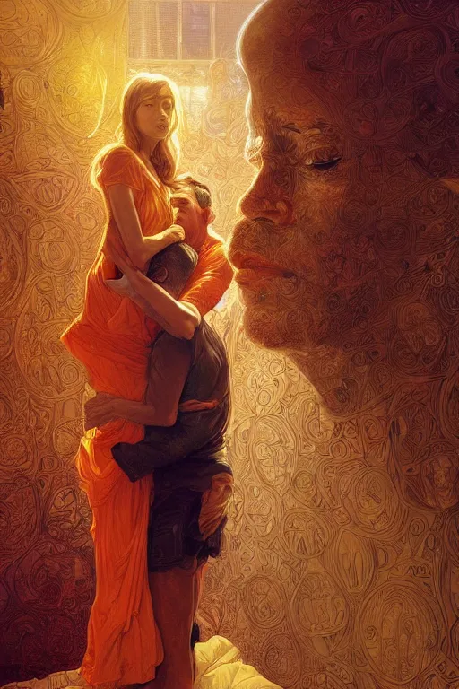 Image similar to portrait of tinfoil hat man in orange t - shirt hugging from behind his wife in a bed, feelings, romantic, fantasy, intricate, elegant, highly detailed, digital painting, artstation, concept art, smooth, sharp focus, illustration, art by artgerm and greg rutkowski and alphonse mucha