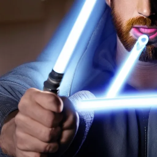 Image similar to Chris Evans holding a blue lightsaber dramatically, 4k, very detailed, backlit
