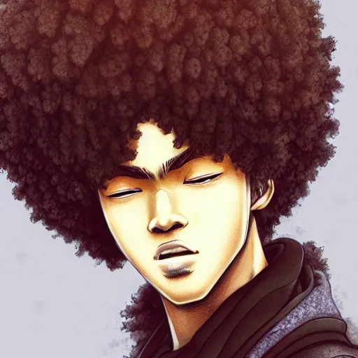 Image similar to ultra realistic illustration of a black guy with an afro, anime, highly detailed, digital art, japanese style, intricate, elegant, deviantart, concept art.