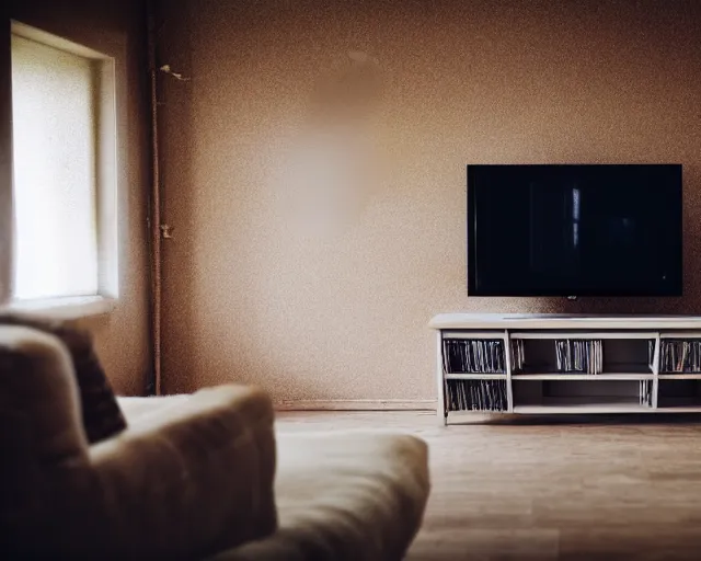 Prompt: Award winning photo of a living room with a TV of a flat abandoned a week ago, 4k, high quality