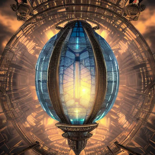 Image similar to enormous flying city in a gigantic faberge egg, sky, steampunk, fantasy art, unreal engine,